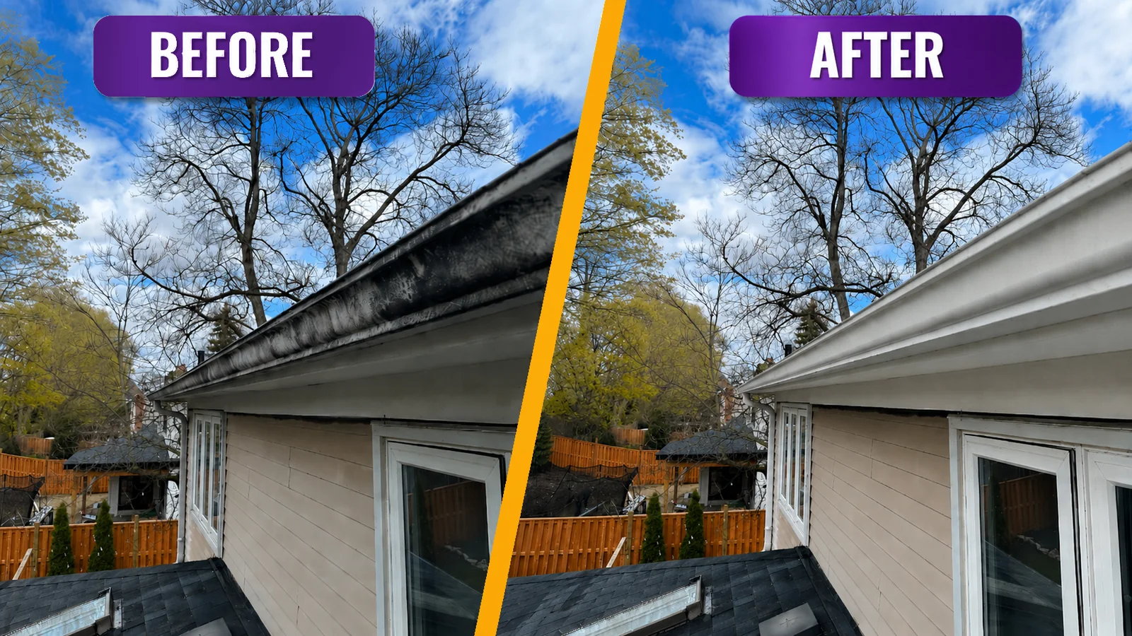 Before and after cleaning exterior white eaves