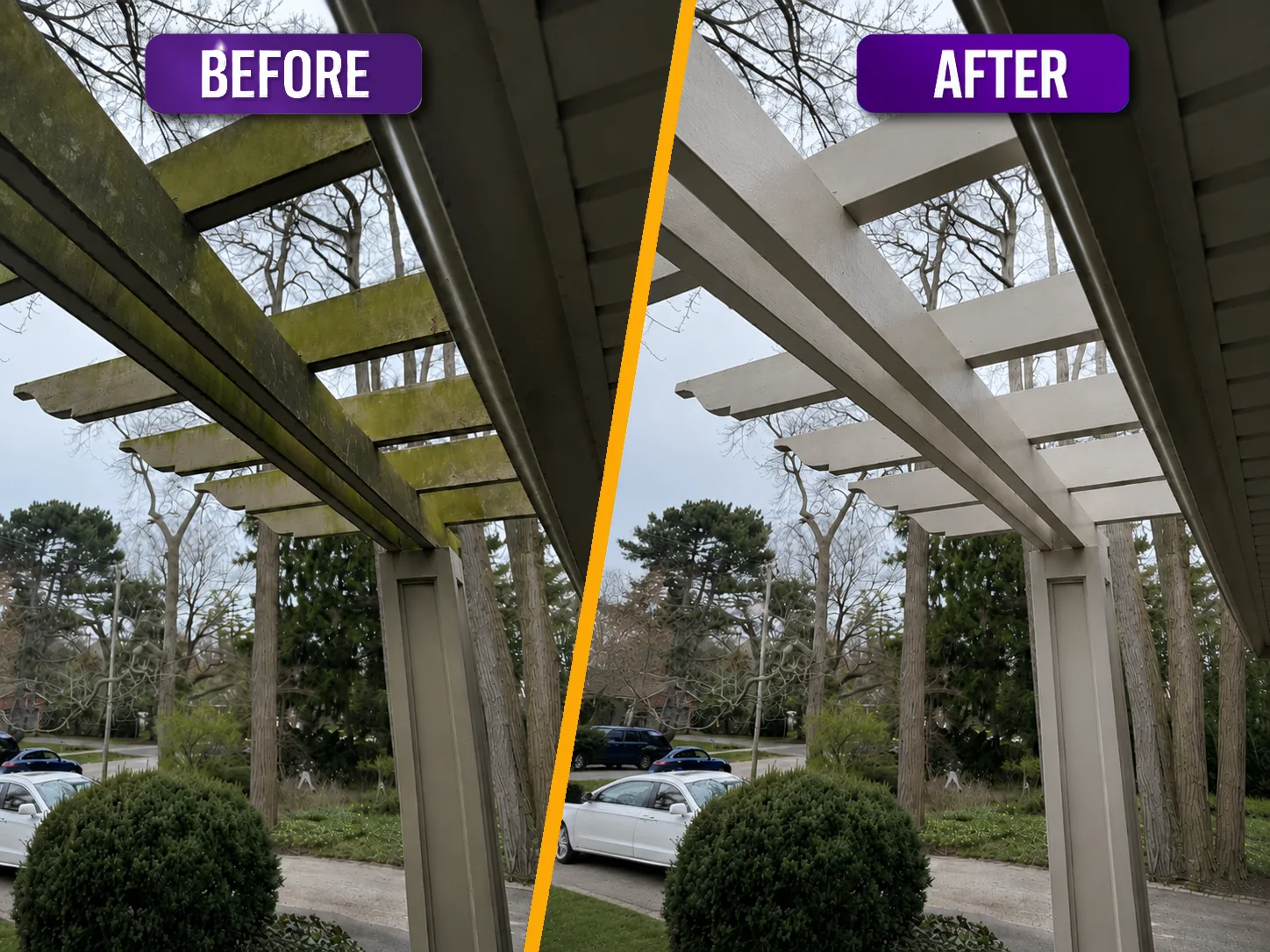 Before and after cleaning an exterior pergola structure